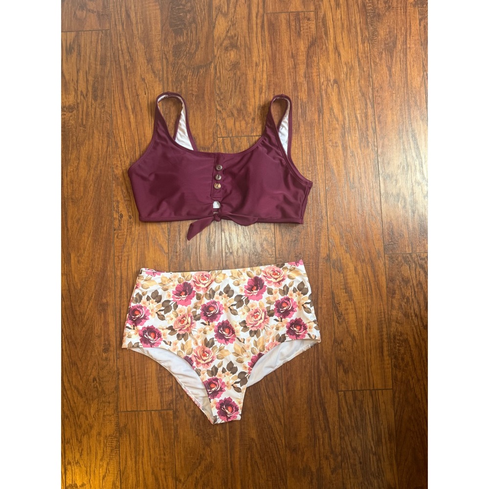 Floral High Waisted Bikini Set Plum Purple Tie Front Two Piece Swimsuit XXL